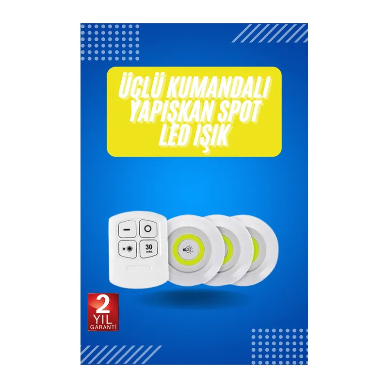 Yapışkanlı 3'lü Spot Led Işık Lamba Montajsız Pilli Uzaktan Kumandalı