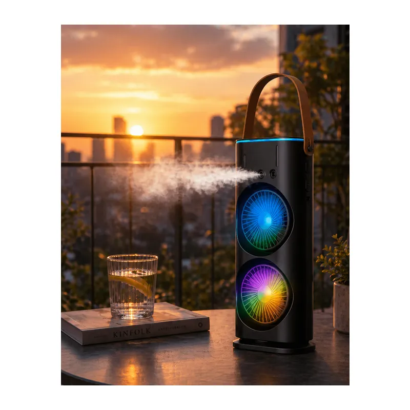 Şarjlı Buharlı Serinletici Fan RGB Işıklı Çift Pervaneli Masa Fanı