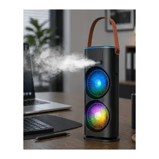 Çift Başlıklı Taşınabilir Fan RGB Işıklı Sprey Nemlendiricili Masaüstü Serinletici Fan