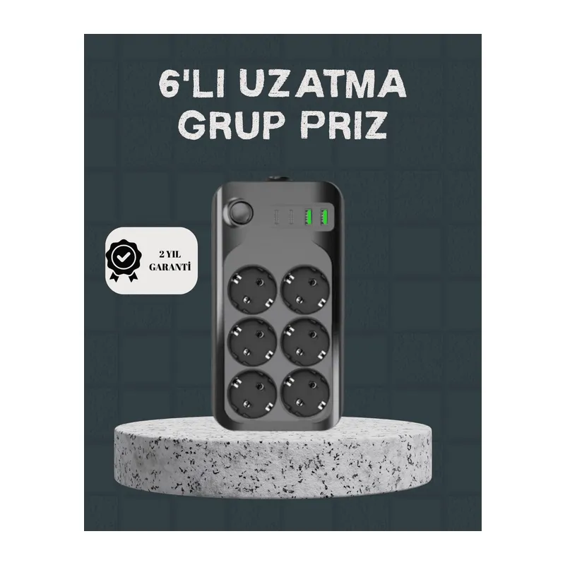 Termal Akım Korumalı 6’lı Uzatma Priz USB Type-C Hızlı Şarj 2500W