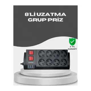 Akım Korumalı 8’li Priz 3 USB’li Uzatma Kablosu Isıya Dayanıklı 2 Metre