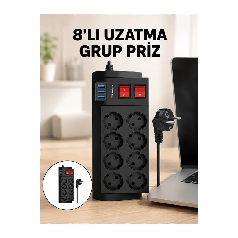 Termal Korumalı 8 Prizli 3 USB’li Uzatma Kablosu Yeni Nesil