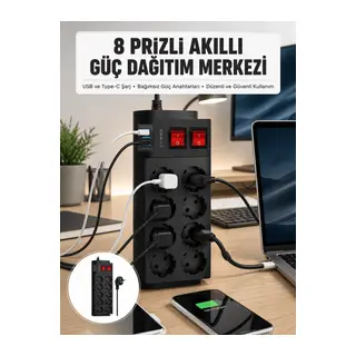 2 Metre Güçlü Çoklu Priz 8 Soket Yeni Nesil