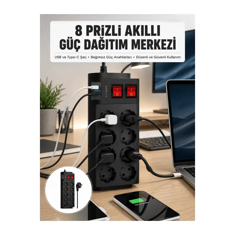 2 Metre Güçlü Çoklu Priz 8 Soket Yeni Nesil