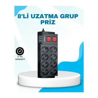 Isıya Dayanıklı Termal Akım Korumalı 8'li Priz ve 3 USB Girişli Uzatma Kablosu