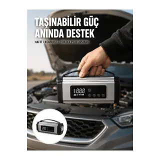 Dijital Göstergeli Akü Takviye Cihazı Lastik Şişirme Powerbank ve LED Işık Özellikli Yeni Nesil