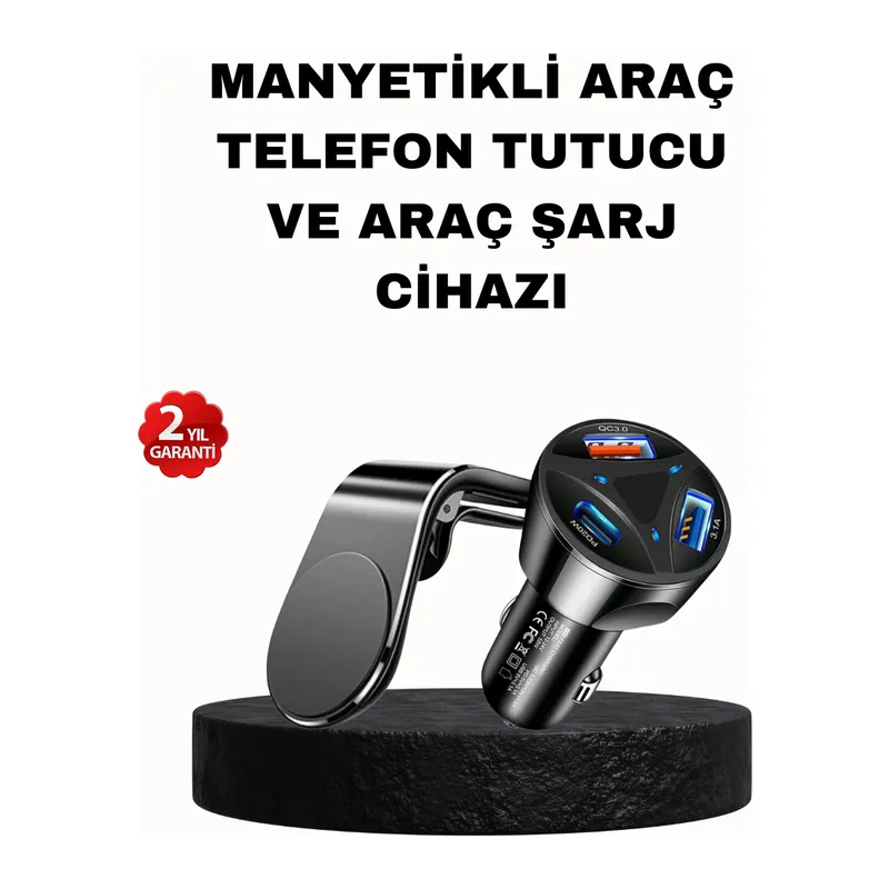 Manyetik Araç Telefon Tutucu ve Hızlı Şarj Adaptörü 2’li Set