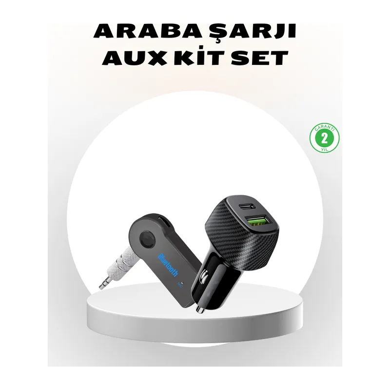 Bluetooth AUX Çevirici ve PD Destekli Araç Şarj Cihazı 2’li Set
