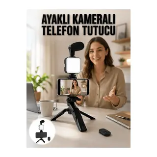 Telefon Tutucu Led Işıklı Kumandalı Mikrofon Telefon Vlog Video Kayıt Yeni Nesil