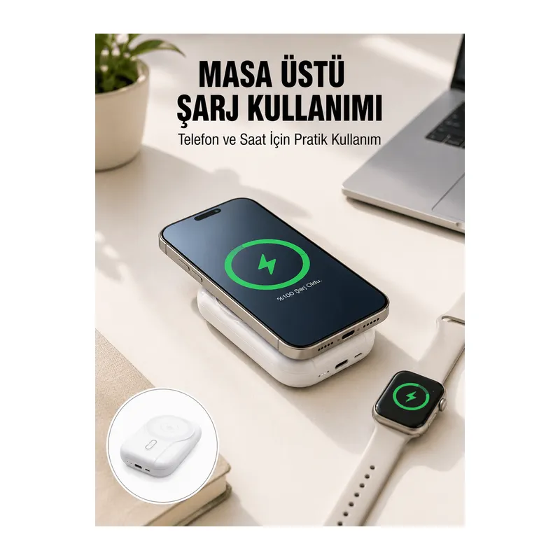Akıllı Saat ve Telefon Uyumlu 4’ü 1 Arada Powerbank 10000 mAh Yeni Nesil