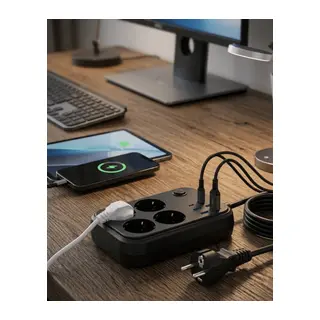 Termal Korumalı Uzatma Kablosu 4 Priz USB ve Type C Çoklu Şarj İstasyonu