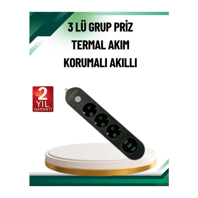 Akım Korumalı Anahtarlı USB Girişli Üçlü Priz