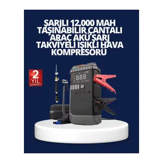 Şarjlı 12000 mAh Araç Akü Takviye ve Hava Kompresörü 4’ü 1 Arada