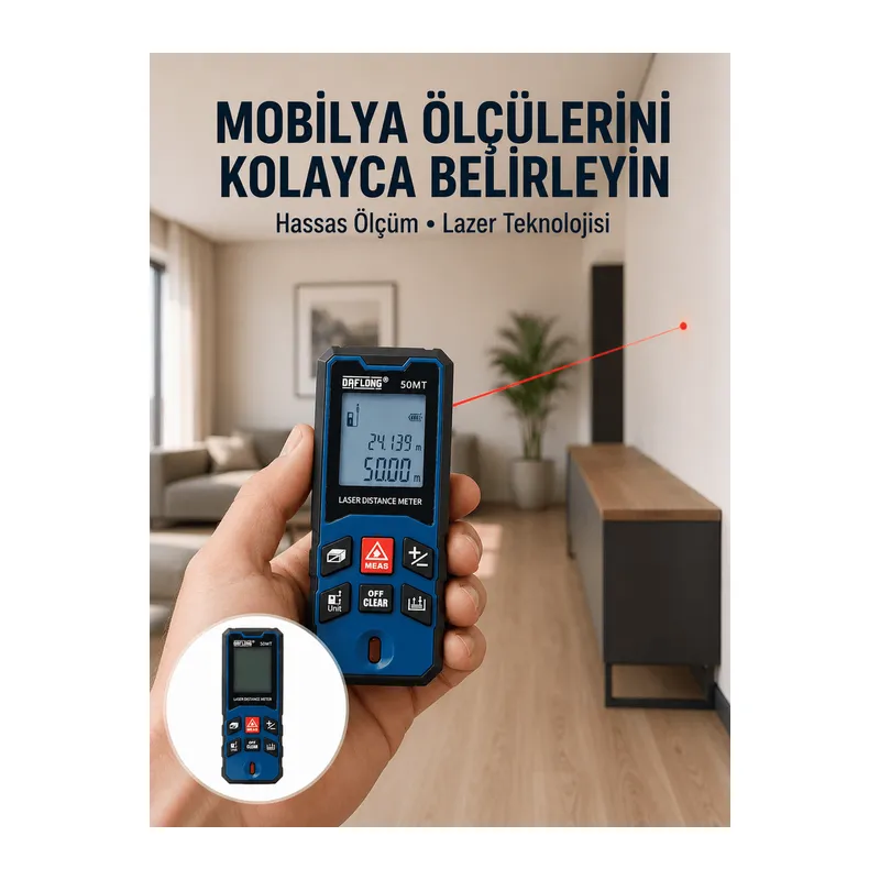 50 Metre Lazer Ölçüm Cihazı Alan ve Mesafe Hesaplama Yeni Nesil