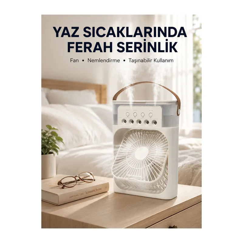 Taşınabilir 3'ü 1 Arada Mini Fan | Nemlendirici + Soğutucu + Gece Lambası Yeni Nesil