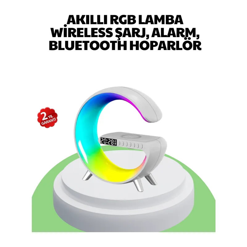 Bluetooth Hoparlörlü RGB Atmosfer Lambası Kablosuz Şarj ve Saat Özellikli
