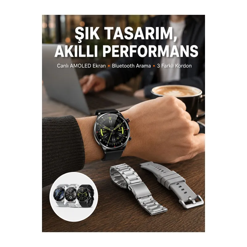 Akıllı Saat Çoklu Kordon Seçeneği Amoled Ekran Çok Fonksiyonlu Bluetooth Bağlantılı Yeni Nesil