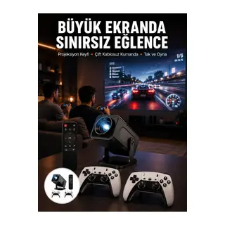 Çift Kollu Game Box Projeksiyon Cihazı Kumandalı Android Tv Dahili Hoparlör Yeni Nesil