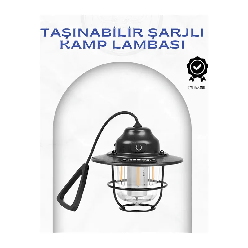 Geometrik Tasarımlı Vintage Kamp Lambası – Type-C Şarj, Ayarlanabilir Parlaklık