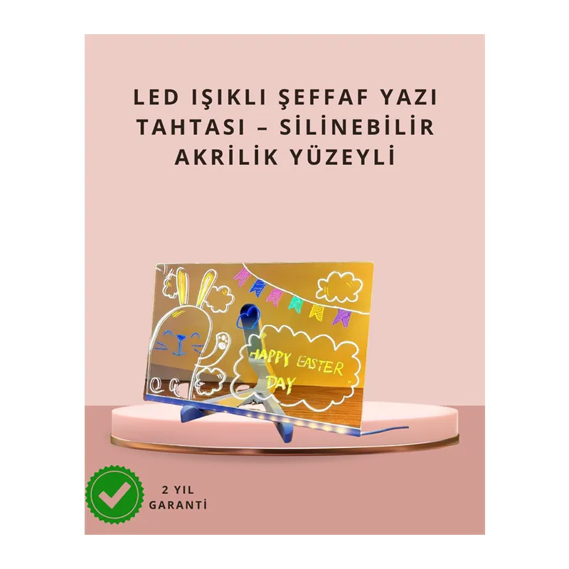 LED Işıklı Şeffaf Yazı Tahtası – Neon Etkili Akrilik Pano, Silinebilir, 7 Renkli Kalemli, 30x20 cm