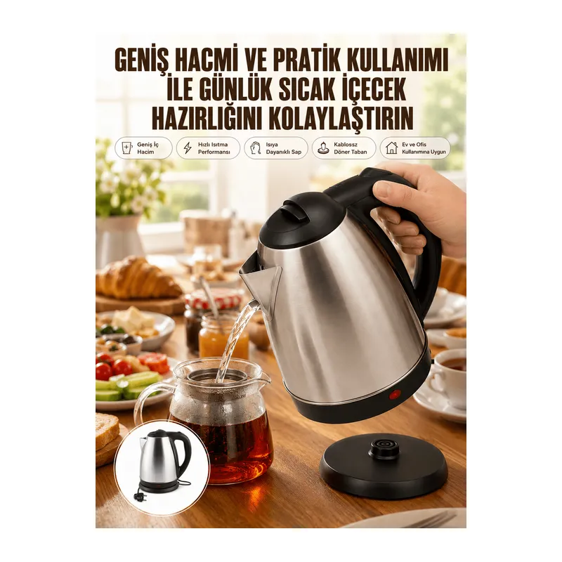 Kettle Su Isıtıcı C F Priz Uyumlu 220 - 240 V Paslanmaz Çelik Kablolu