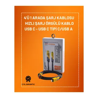 4'ü 1 Arada USB Hızlı Şarj ve Veri Kablosu – 65W Güç, Çoklu Bağlantı, 1.2m