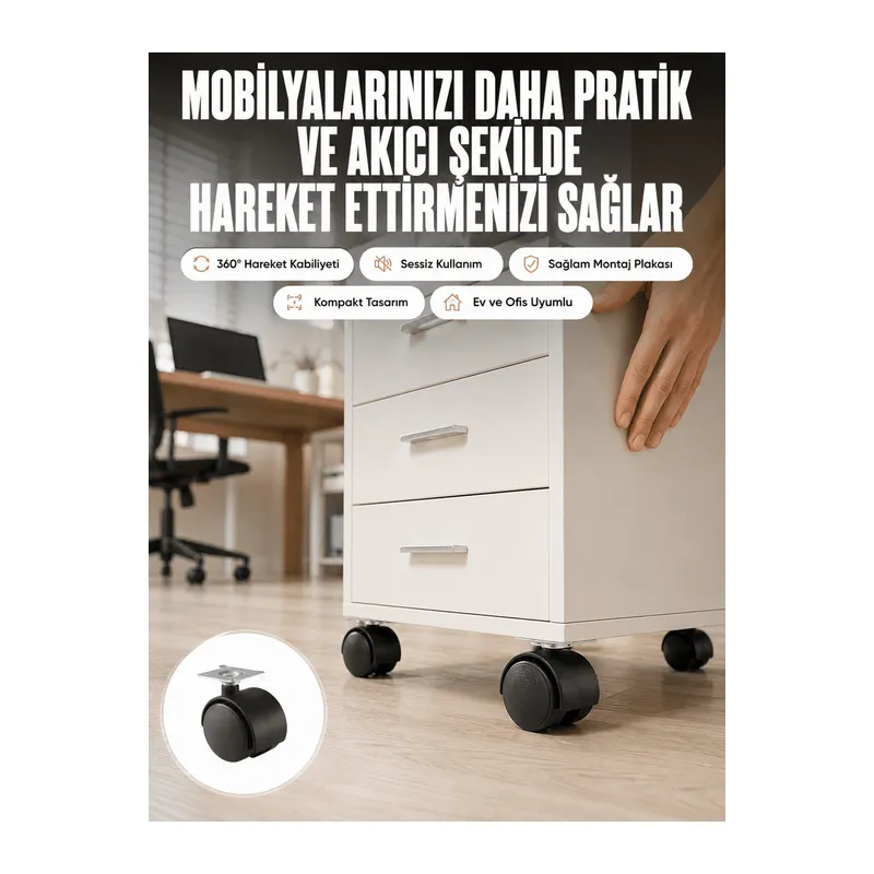Kilitsiz 4 cm Tekerlek Ayak 4’lü Set Sessiz ve Dayanıklı