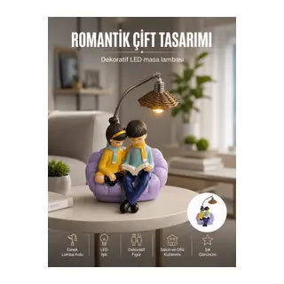 Romantik Çift Figürlü Okuyan Çift Masa Lambası Dekoratif LED Aydınlatma