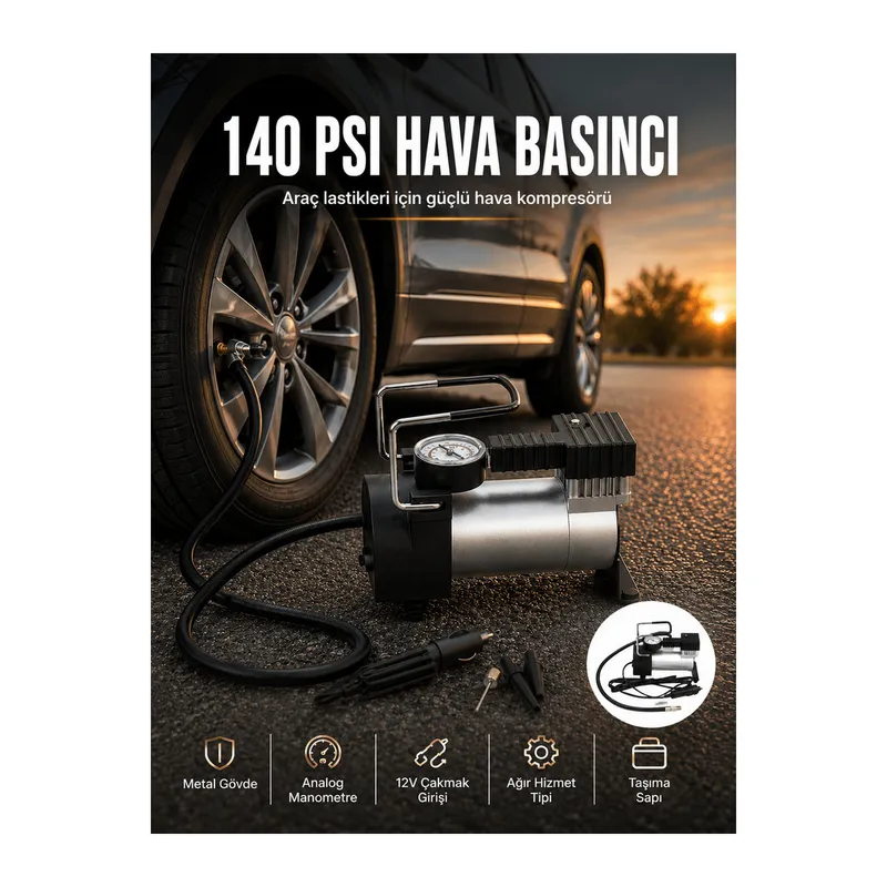 Ağır Hizmet Tipi Oto Kompresör 140 PSI Manometreli