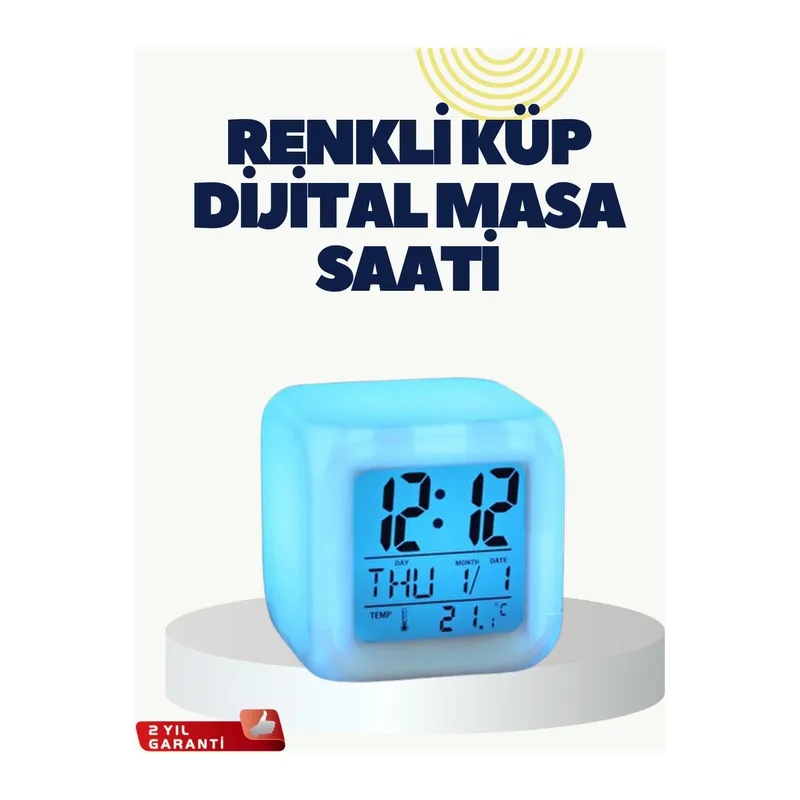 Termometre ve Takvim Özellikli 7 Renk Değiştiren Küp Alarm Saati