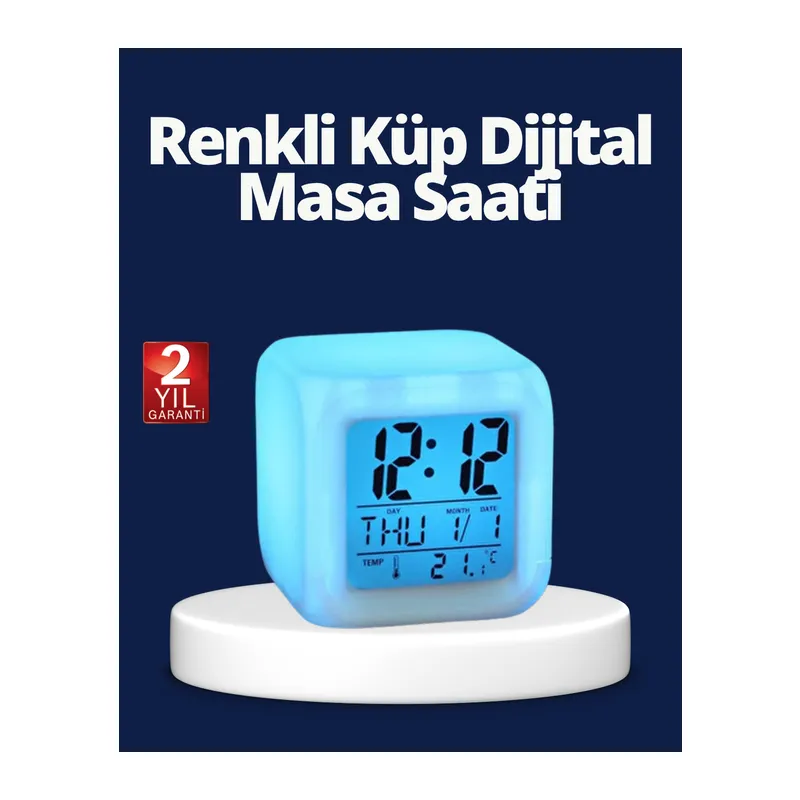 Renk Değiştiren LED Alarmlı Dijital Küp Masa Saati