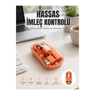 Bluetooth ve USB Destekli Kablosuz Şeffaf Mouse Sessiz Kullanım Yeni Nesil