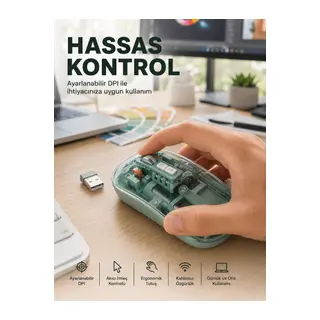 Şeffaf Tasarımlı Bluetooth Kablosuz Mouse Pilli Kullanım Yeni Nesil
