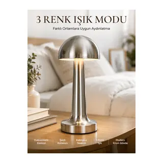 Modern Mantar Masa Lambası Dokunmatik 3 Işık Modlu Şarjlı Kablosuz LED Yeni Nesil