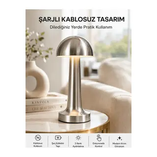 Şarjlı Kablosuz Mantar Masa Lambası Dokunmatik 3 Renk LED Modern Tasarım Yeni Nesil