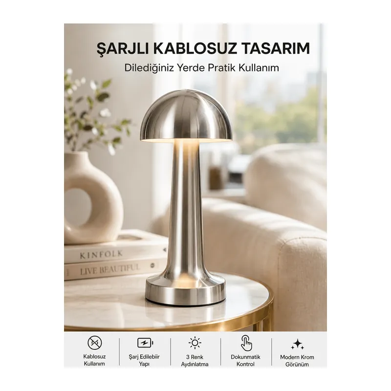 Şarjlı Kablosuz Mantar Masa Lambası Dokunmatik 3 Renk LED Modern Tasarım Yeni Nesil