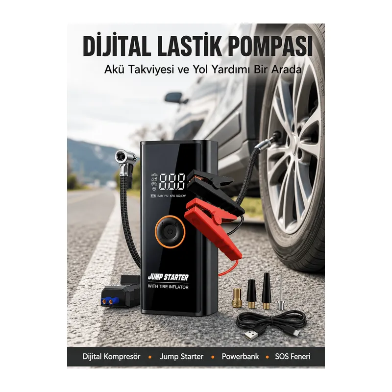 Çok Fonksiyonlu Araç Yol Yardım Kiti Jump Starter ve Lastik Pompası Yeni Nesil