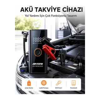 SOS Fenerli Akü Takviye Cihazı Dijital Kompresör Powerbank Yeni Nesil