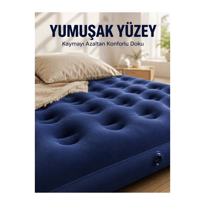 Dış Mekan Şişme Yatak Çift Kişilik Flokeli Yüzey Konforlu Kullanım