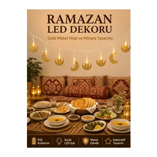 Minareli Hilal LED Işık Gold Metal Gövdeli Pilli Ramazan Dekoru
