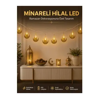 Dekoratif Minareli Hilal LED Işık Metal Gövdeli Ramazan Aydınlatma