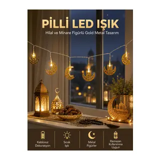 Pilli Minareli Hilal LED Işık Gold Metal Ramazan Dekorasyonu