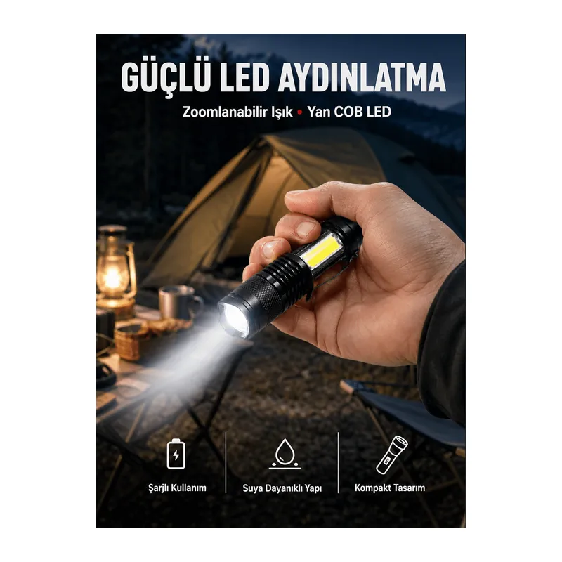 Mini Boy LED El Feneri - 2000 Lümen, Su Geçirmez Tasarım Yeni Nesil