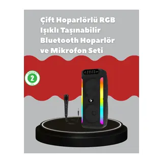 Çift 4 inç Hoparlörlü RGB Işıklı Bluetooth Ses Sistemi