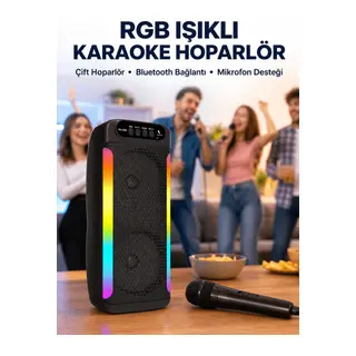 RGB Işıklı Çift Hoparlörlü Taşınabilir Bluetooth Speaker ve Mikrofon Yeni Nesil