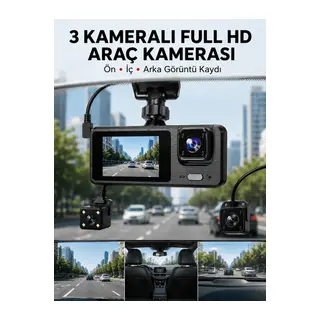 3 Kanallı Araç DVR – Ön + İç + Arka Kamera ile Tam Kapsama, Yüksek Güvenlik Yeni Nesil