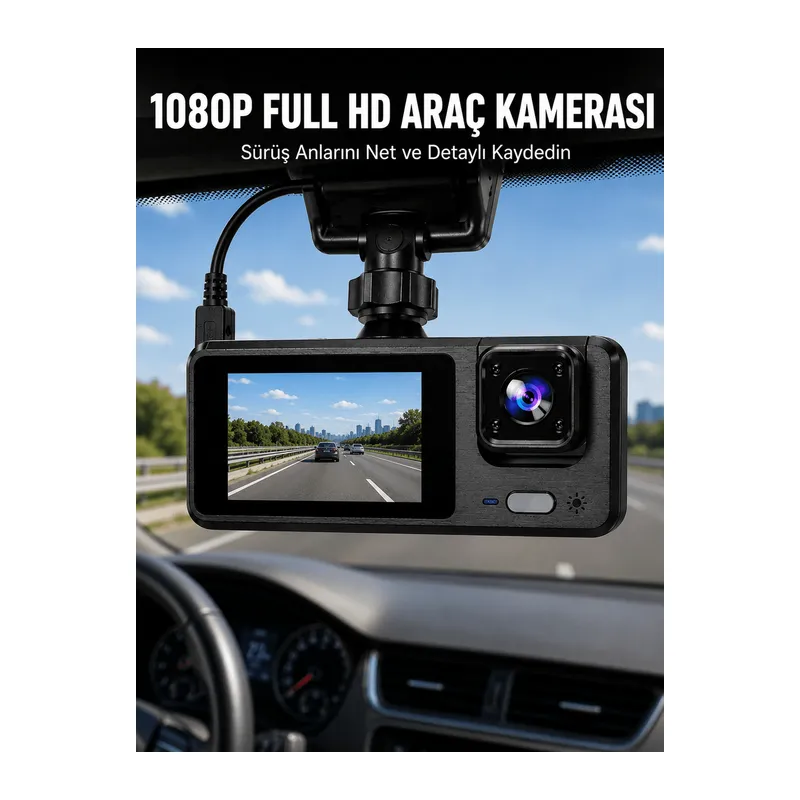 3 Kanallı Araç Kamerası – Full HD 1080P Kayıt, 2” Ekran, Park Gözetimi Desteği Yeni Nesil