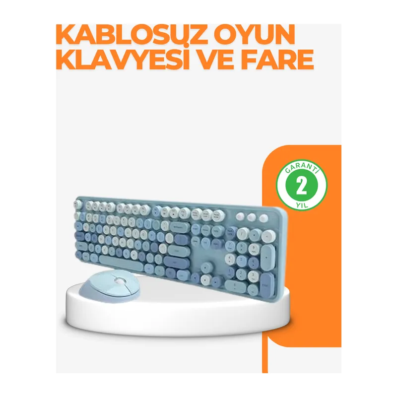 Kablosuz Retro Klavye ve Mouse Seti – 104 Tuşlu Sevimli Tasarım
