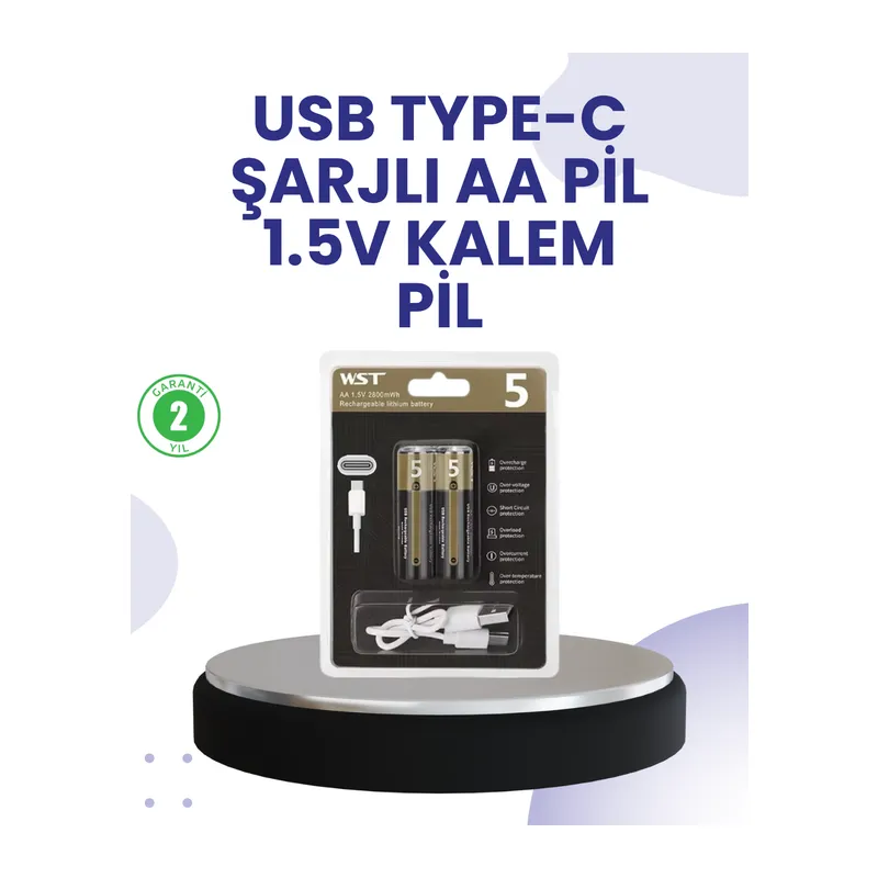 Type-C USB ile Hızlı Şarj Edilebilir AA Kalem Pil | 1.5V Lityum | Çiftli Paket