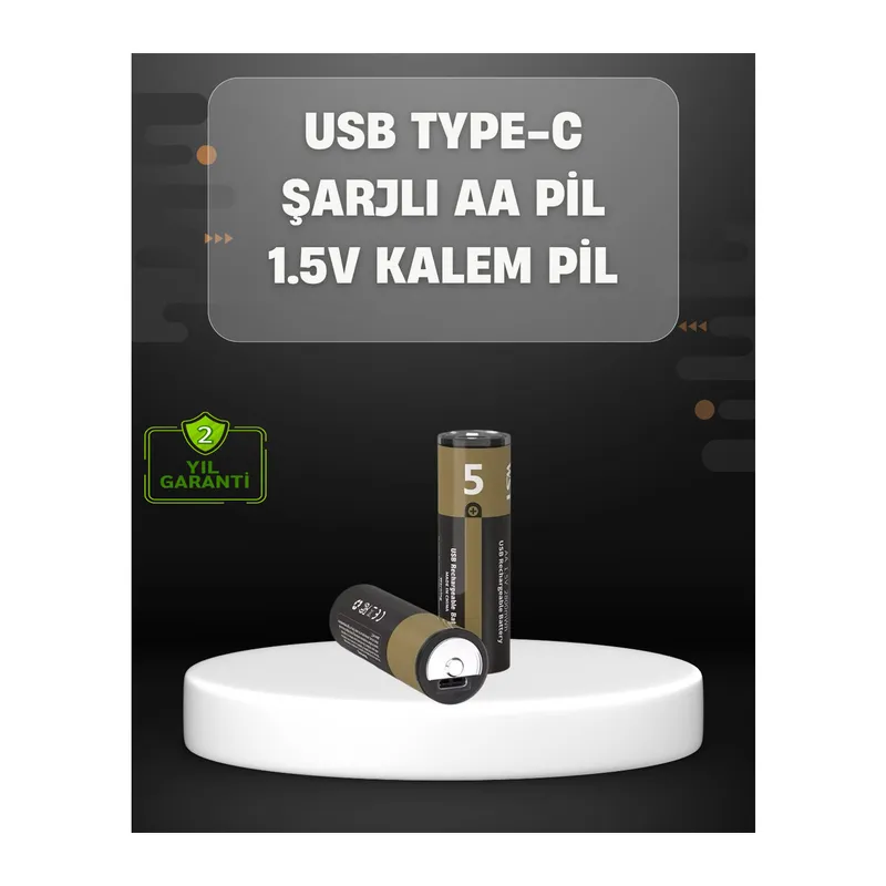 USB Type-C Girişli Şarjlı AA Lityum Pil | 1.5V Sabit Çıkış | 2800mWh (2'li Paket)